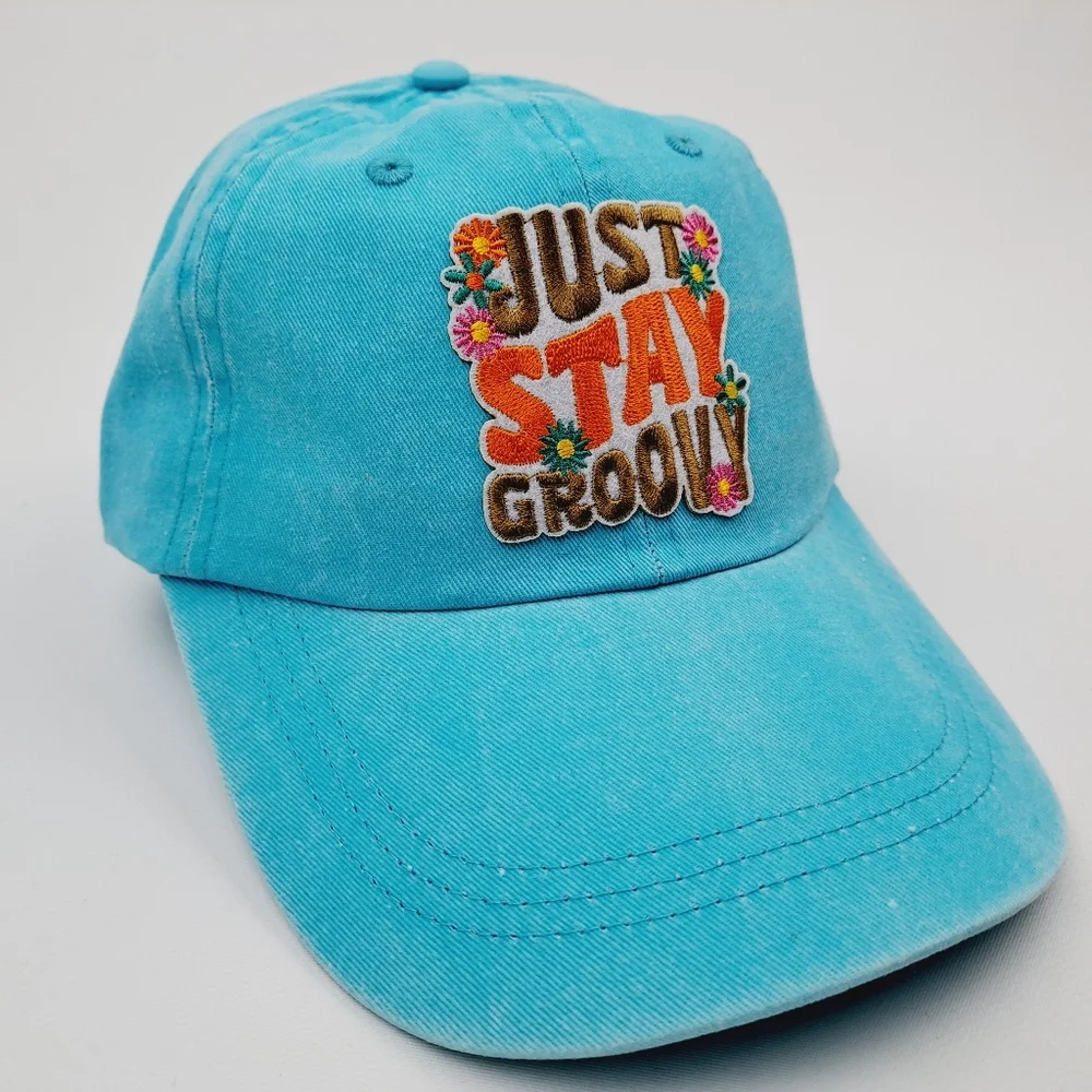 Just Stay Groovy Embroidered Relaxed Cotton Hat Cap Blue Washed Adjusta…